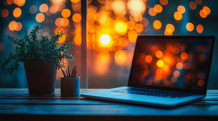 Poster - a laptop is on a table next to a potted plant. the laptop screen is lit up, and the plant is in a sm