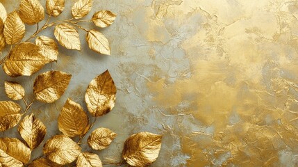 Wall Mural - Artistic representation of golden leaves using a pastel technique on a textured wall ideal for wallpaper in interior design