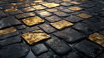 Aufkleber - 3D render of an abstract minimal background featuring textured black and gold cobblestones reflecting on a wet floor Stylish platform made of coal stone for product display