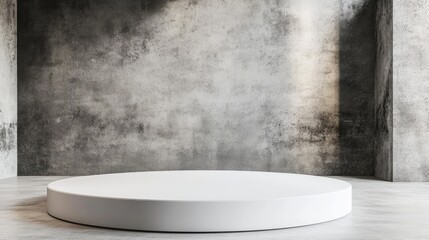 Aufkleber - Abstract 3D rendering of a modern showroom interior design featuring an empty floor and a white podium against a concrete wall backdrop