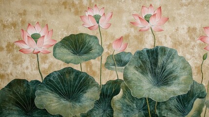 Wall Mural - Botanical wallpaper print design featuring lotus leaves and flowers showcasing water plants against a paper textured background for a natural interior aesthetic