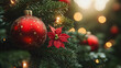 © CreativeIMGIdeas - A red and gold ornament hangs from a Christmas tree. The tree is full of red and green leaves