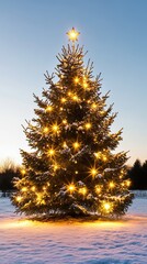 Wall Mural - majestic christmas tree illuminated with twinkling lights at dusk