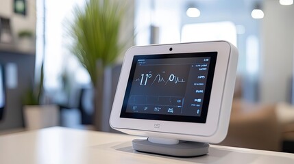 A white digital thermostat with a temperature reading and a graph on its screen