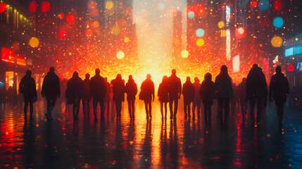 A group of people walking down a street in the rain. The street is lit up with bright lights and the people are silhouetted against the colorful background. Scene is lively and energetic