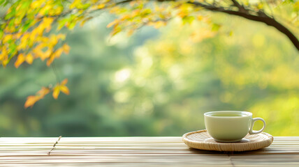 serene composition featuring cup of green tea on bamboo mat, surrounded by lush greenery and soft natural light. This tranquil scene evokes sense of calm and relaxation