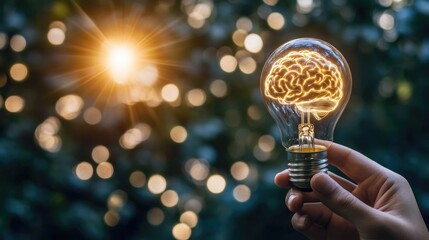 A polished light bulb glowing from within, with a filament shaped like a brain, representing creative thinking, innovation, and bright solutions.