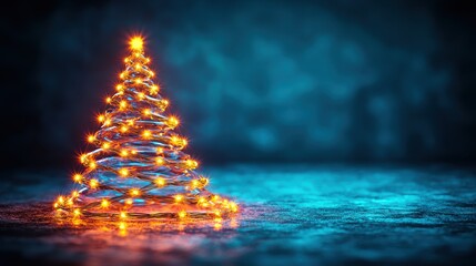 Festive Christmas tree formed by glowing fairy lights in a spiral shape, set against a blurred dark blue background, symbolizing holiday cheer and warmth.