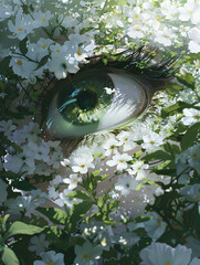  eye with gray-green irises surrounded by flowers, and white petals cover it from the outside