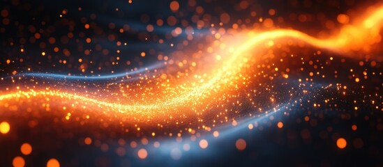Wall Mural - abstract background with a wavy flow of golden sparkles and blue lights.