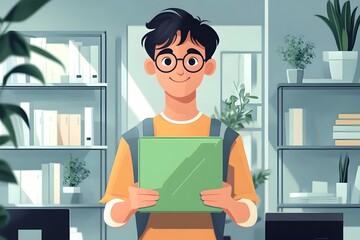 Poster - Flat Style Character Holding Green Product Prototype in Modern Office Setting