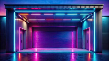 Wall Mural - symmetrical, sleek, cool, garage entrance, neon lights, modern aesthetic