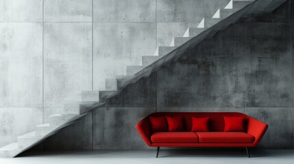 Loft interior design with a bold red sofa and vibrant pillows, situated under a minimalist staircase, highlighting the beauty of a concrete wall.