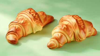 Delicious golden croissants with flaky texture, perfect for breakfast or snack, resting on soft green background