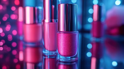 Wall Mural - Close-up of various bottles of nail polish against a blue and pink bokeh background.