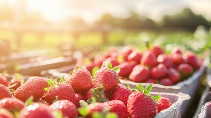 Canvas Print - Strawberries glisten under the warm sunlight at a bustling farm, highlighting the beauty of a fruitful harvest day