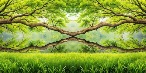 Wall Mural - symmetrical tree branches and grass background and foreground