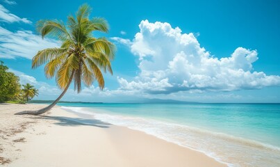 Serene Tropical Beach with Palm Tree and Vivid Blue Sky for Summer Vacation and Travel Concepts, Generative AI