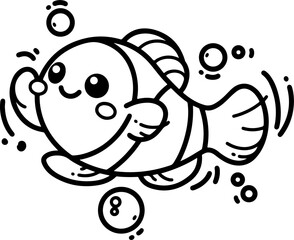 Wall Mural - cartoon clownfish with bubbles, hand-drawn in line art style. vector illustration, isolated for easy