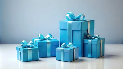 Blue gift boxes of different sizes on a light background