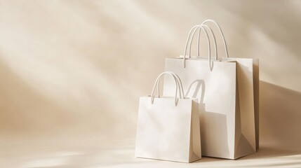 two minimalist paper shopping bags, one large and one small, placed against a soft, beige