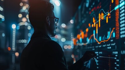 Wall Mural - Trader Examining Data on Interactive Digital Screen with Price Graphs, Financial Indicators, and Stock Market Analytics for Cryptocurrency and Business Investments