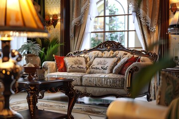 Poster - This elegant living room features exquisite furniture and decor items marked with designs, ideal for refreshing your space. Generative AI