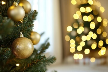 Wall Mural - festive holiday season with sparkling gold christmas tree decorations