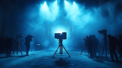 A group of photographers taking pictures in a dark room with blue lighting.