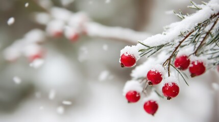 Wall Mural - Bright red winter berries contrast beautifully against snowy pine branches, creating a tranquil winter atmosphere