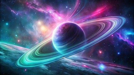 Wall Mural - A celestial panorama showcasing a ringed planet, bathed in the ethereal glow of cosmic dust and starlight.