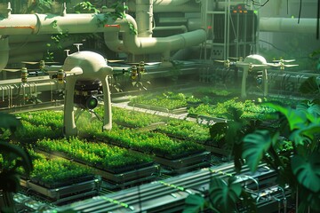 Aufkleber - Drones and robots equipped with sensors actively monitor and improve crop health in a modern farm environment managed by AI technology. Generative AI