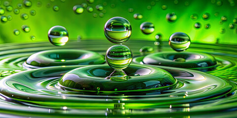 Poster - In a tranquil environment, multiple water droplets fall and create circular ripples on a smooth green surface, reflecting light and enhancing the serene atmosphere