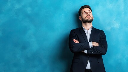 Confident Man in Smart Suit Against Blue Background