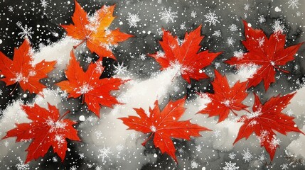 Wall Mural - Snow kissed Leaves, Snowflakes