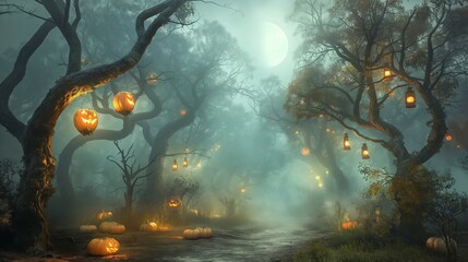 Wall Mural - a fog-covered haunted forest with twisted trees, flickering lanterns hanging from branches, and glow