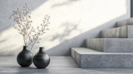 Poster - Two black vases with dried flowers beside a modern staircase in a minimalist interior.