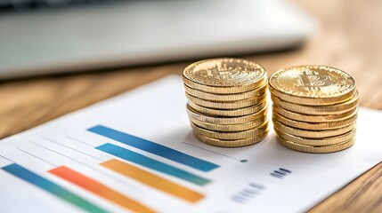 Stacked golden coins and a bar graph showing financial growth and increased revenue profits and earnings symbolizing successful investment business prosperity and economic gain