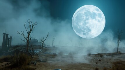 Wall Mural - a full moon shining over a barren landscape with skeletal trees and crumbling ruins. a thick mist cl