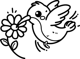 Wall Mural - cartoon hummingbird hovering over a flower, hand drawn in line art style. vector illustration, isola