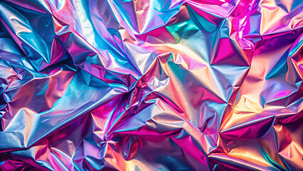 Poster - A colorful arrangement of crumpled foil exhibits a dazzling interplay of light and texture. The iridescent surface creates an eye-catching visual experience in artistic design
