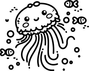 Wall Mural - cartoon jellyfish, hand-drawn in line art style. vector illustration, isolated and perfect for kid's