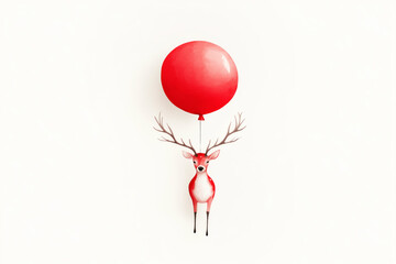 A charming deer holding colorful balloons, showcased in a playful graphic style, on a minimal white background