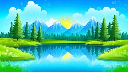 Tranquil mountain lake scene with a bright sun and blue sky.