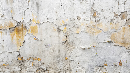 Poster - A close look at a distressed white wall reveals peeling paint and deep cracks, showcasing the effects of time and weather. The rough texture adds character to the structure