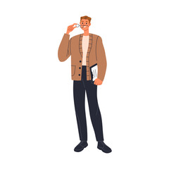 Poster - Office worker, employee. Business man, confident male professional standing, adjusting glasses. Manager, entrepreneur holding clipboard, smiling. Flat vector illustration isolated on white background