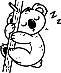 Wall Mural - cartoon koala hugging a tree, hand-drawn in line art style. vector illustration, isolated for easy u
