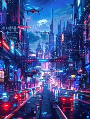 Poster - The bustling city features self-driving cars, intelligent traffic management, and drones illuminating the night sky with advanced technologies. Generative AI