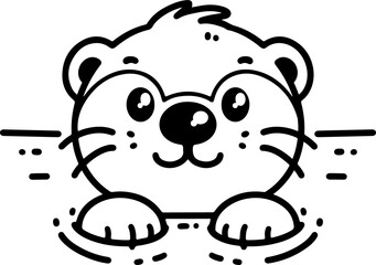 Wall Mural - cartoon otter peeking out of the water, hand-drawn in line art style. vector illustration, isolated 