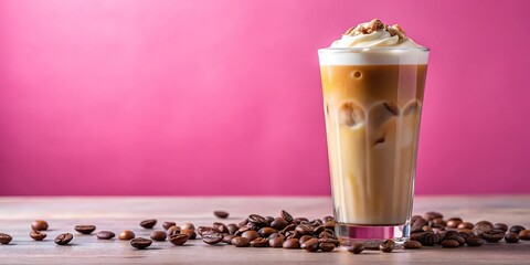 Tilted angle ice coffee in tall glass with cream and coffee beans on pink background